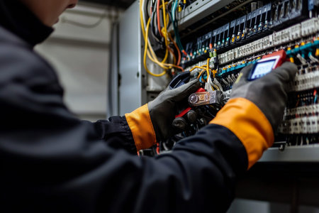 Electrician examining electrical panel with tools, wearing gloves and black uniform for safety