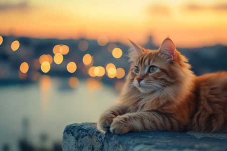 Fluffy orange cat relaxing on a stone at sunset with blurred sea and city lights backgroundの写真素材