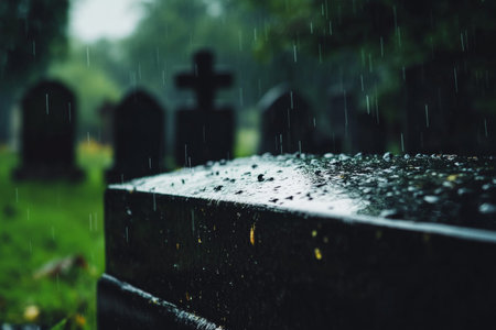 Rain descends on black coffin in graveyard a somber Christian funeral reflecting loss and griefの写真素材