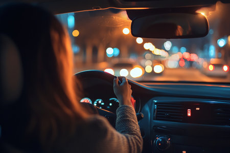 Young woman driving at night in the city backseat view of bokeh traffic and urban lightsの写真素材