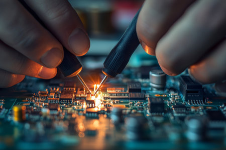 Close up of hands using precision tools to repair an electronic circuit board for technologyの写真素材
