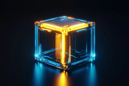 Abstract blue and yellow glowing cube with reflections on a dark background for digital designの写真素材
