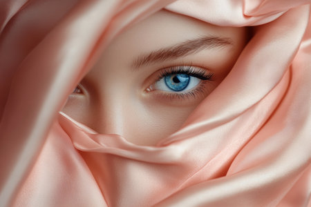 Stunning close up portrait of a young woman with blue eyes wrapped in soft pastel fabricの写真素材