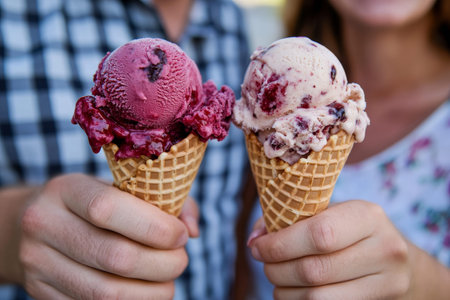 Joyful couple enjoying ice cream cones on a summer street a romantic date and sweet treats