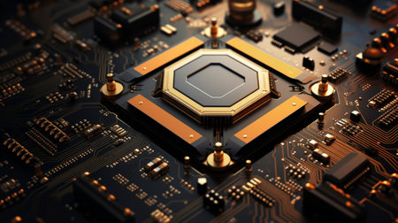 Close up of an ai core on a circuit board surrounded by golden jewelry against a dark backgroundの写真素材
