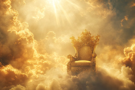 Majestic golden throne of god amidst heavenly clouds and radiant sun rays symbolizing divine power