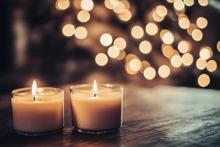Monochrome candles with blurred lights a minimalistic vintage photograph in soft focusの写真素材