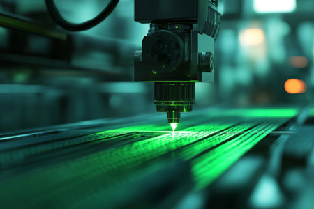 3d visualization of laser engraving in a factory featuring digital displays and precision toolsの写真素材