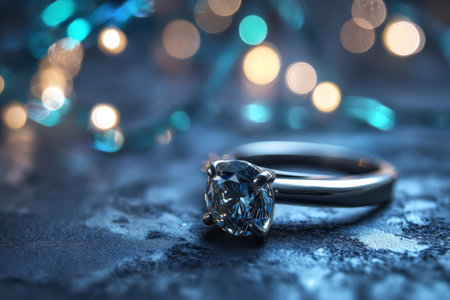 Stunning diamond ring displayed on table with bokeh lights in a blue themed hyper realistic styleの写真素材