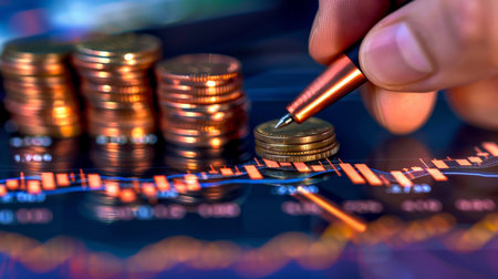 Hand holding pen writing on financial chart with coins and digital tablet for stock market conceptの写真素材