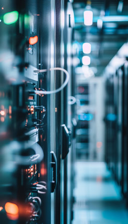Modern server room featuring high tech data center with electrical power contactors and wires