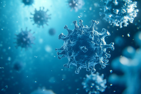 3d render of floating coronavirus cells on a blue background with abstract low poly shapesの写真素材