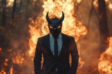Striking portrait of a man in a suit with a fiery horns mask amidst a burning forest backgroundの写真素材