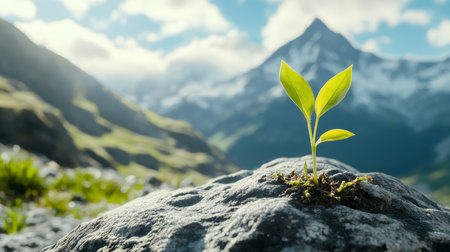 New sprout emerging from mountain rock a symbol of environmental protection and earth day awarenessの写真素材