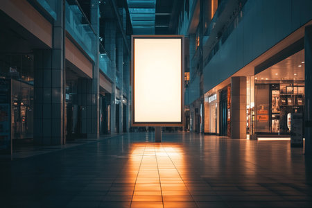 Nighttime scene of a vertical blank billboard in an empty shopping mall with dramatic lightingの写真素材
