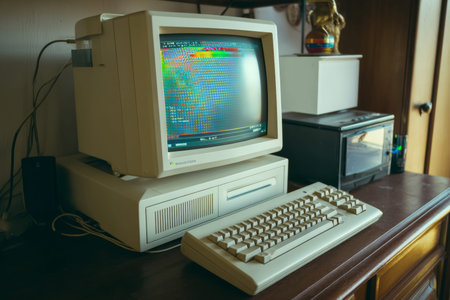 Vintage white desktop computer with old monitor and keyboard from early personal computing era