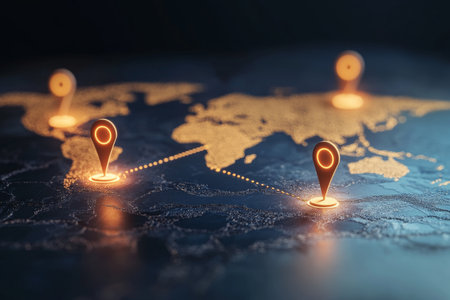 3d map route path with connection pins on a blue background for global travel and cargo transportの写真素材