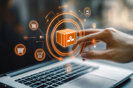 Businessman interacting with cargo and tracking icons over laptop in modern digital artwork