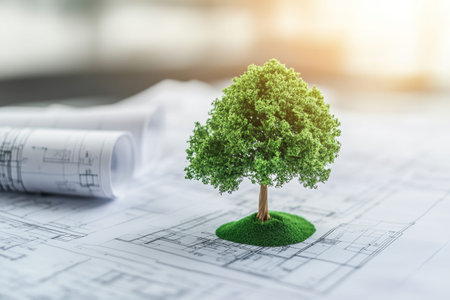 Green tree model on construction blueprints symbolizes sustainable architecture and design concepts