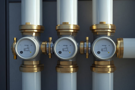 Intricate close up of water tendrils on wall with white and brass pipes connected to outdoor boiler