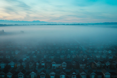 Foggy vancouver suburb morning a serene view of houses under a misty blue sky horizonの写真素材