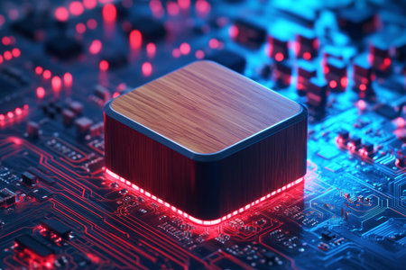 Isometric 3d render of a smart TV box on a circuit board with neon lights and butcher block surface