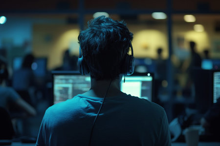 A man in a headset works at night in a call center, with blurred colleagues and cinematic light.