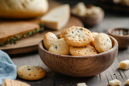 Close up of round cheese cookies in a wooden bowl on a dining table delicious snack photographyの写真素材