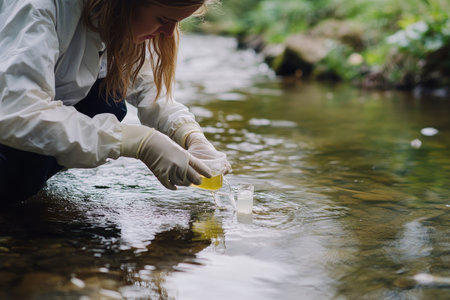 Female scientist collecting water samples from a stream to support aquatic life in a rural settingの写真素材