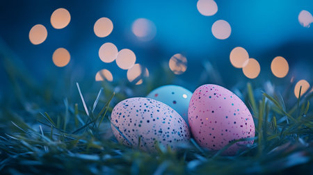 Vibrant easter eggs on lush grass with bokeh lights perfect for a festive greeting card designの写真素材