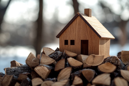 Wooden house model on wood pile embracing winter s warmth in an eco friendly conceptの写真素材