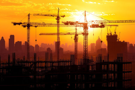 Silhouette of a construction site with cranes and machinery against a sunset city skylineの写真素材