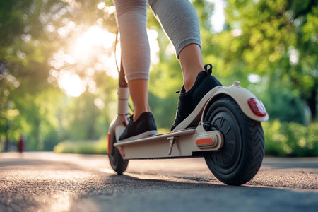 Woman in black sneakers riding an electric scooter through an urban park landscapeの写真素材