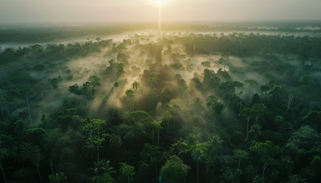 Misty tropical rainforest at sunrise a panoramic view of lush green trees and foggy atmosphere