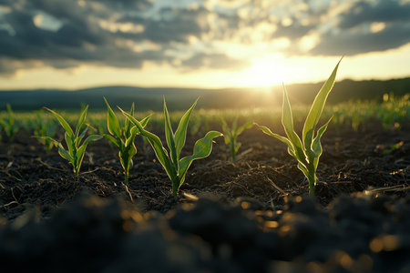 Sunset over a cornfield capturing the vitality and hope of nature's growthの写真素材