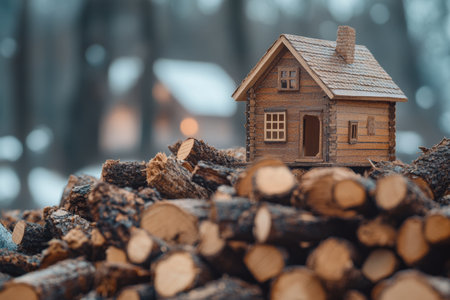 Charming wooden house model on wood pile embracing winter s warmth with eco friendly energy ideasの写真素材