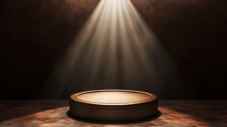 Elegant round podium highlighted by spotlight on dark background with copy space for web bannerの写真素材