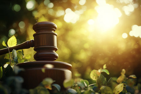 Wooden gavel on podium symbolizing law and justice against a sunlit green nature backgroundの写真素材