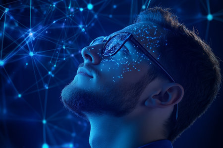 A young businessman contemplates the future of ai connections against a dark blue digital backgroundの写真素材