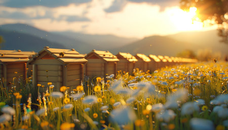 A scenic sunset view of beehives in a meadow surrounded by majestic mountainsの写真素材