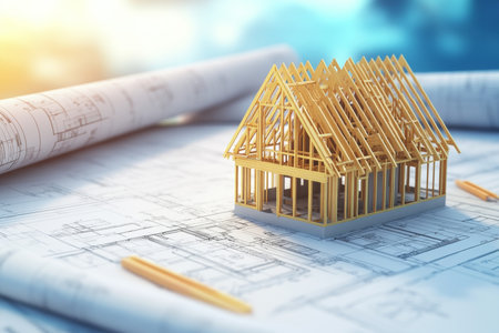 3d construction project model featuring house on blueprints and wood materials in professional photoの写真素材