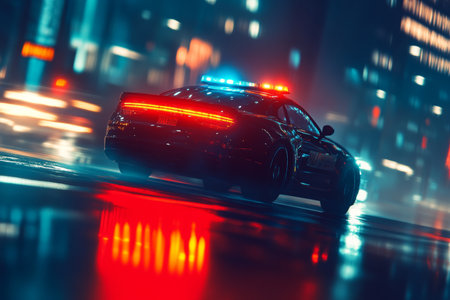Close up of police car with flashing lights in urban night setting for law enforcement promotionの写真素材