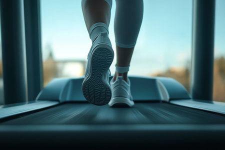 Dynamic close up of a woman s legs in leggings and sneakers running on a treadmill in home gym