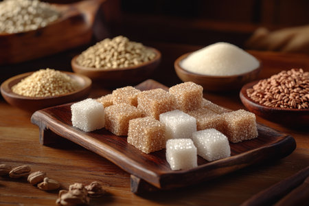 Cubes of brown and white sugar on wooden plate with varied sugar and grains in bowls on dark tableの写真素材