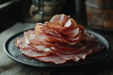 Appetizing stack of sliced bacon, ham, and salami on dark plate against wooden backgroundの写真素材