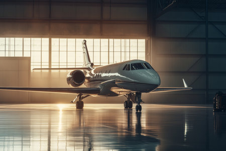 Elegant private jet in a hangar with soft lighting and floor reflections captured in a photographの写真素材