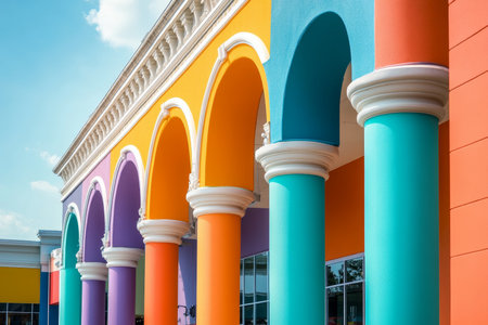 Vibrant shopping center with colorful columns and unique architectural design in photographyの写真素材