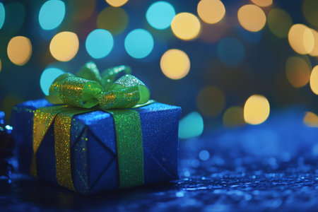Vibrant blue and green gift box with bow amidst bokeh lights for holiday celebration banner
