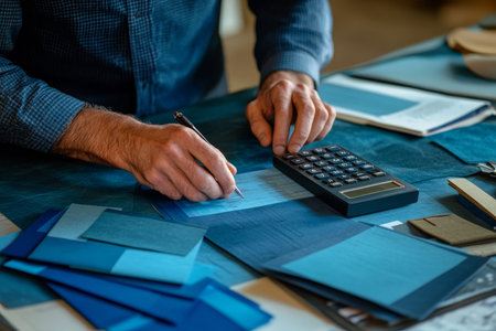 Businessman analyzing financial data with calculator and notes for website banner design