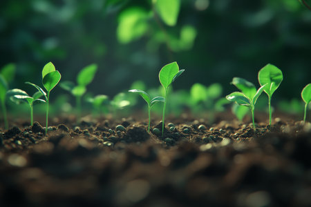 Close up of green soybean seedlings in brown soil with sunlight casting shadows in serene fieldの写真素材